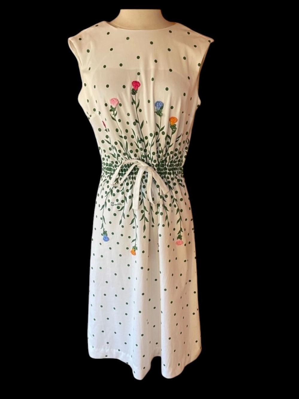 1960s Serbin 3D Floral Appliqué Waist Tie Sleeveless Dress